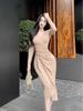 Elegant V-Neck Long-Sleeve Pleated Dress - Slim-Fit, Waist-Cinching Mid-Length Skirt for Women