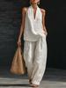 Set 2 Pezzi 2026 Stile Vacanza da Donna e Set Collo in Lino Top Senza Maniche Scollo a V Lento Pantaloni a Gamba Larga Set Due Pezzi