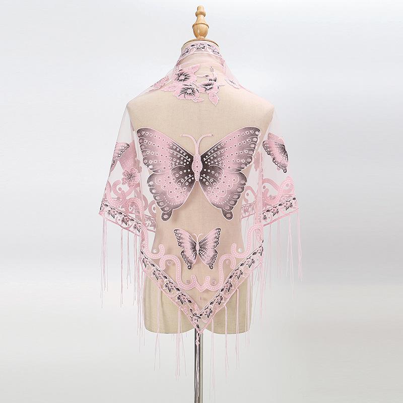 Luxury Flower Lace Hollow Scarf Butterfly Print Tassel Triangle Shawl Wraps Polyester Mesh Scarves Bridal
