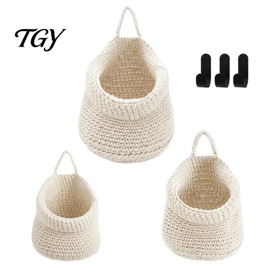 Wall Mounted Storage for Nursery 3PCS Woven Hanging Bag, Natural Cotton Rope Fruit Baskets, Organizer Hair Accessories Boho