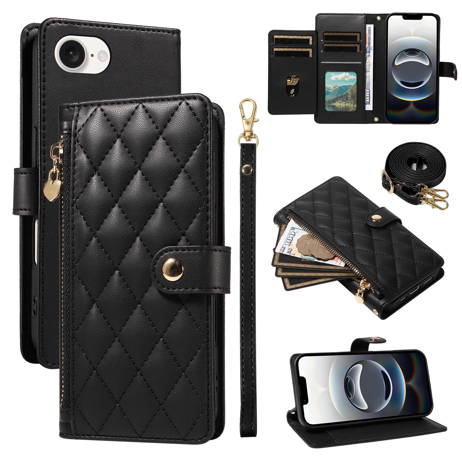 

For iPhone 16e Wallet Case with Straps,Rhombus Leather Stand Phone Cover Black