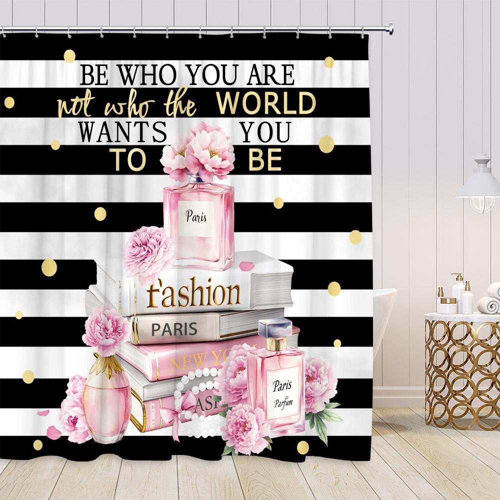 Pink Perfume Shower Curtains Cosmetics High Heels Flowers Black White Stripes Bathroom Decor Girl Fashion Vintage Bath Curtain