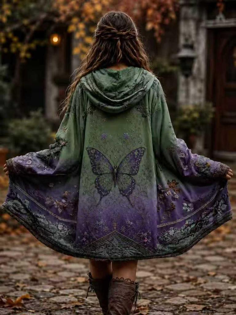 Europäischer und Amerikanischer Damen-Kapuzen-Trenchcoat mit Aufdruck, Mittellanger Sweatshirt-Cardigan für Herbst/Winter 2025.