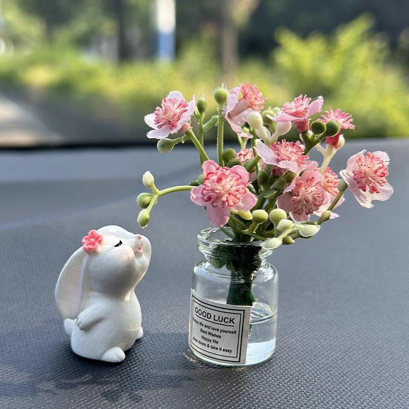 Cute Rose Flower Vase And Rabbit Car Interior Decoration Ornaments Auto Center Console Decoration Gadgets For Car Accessories