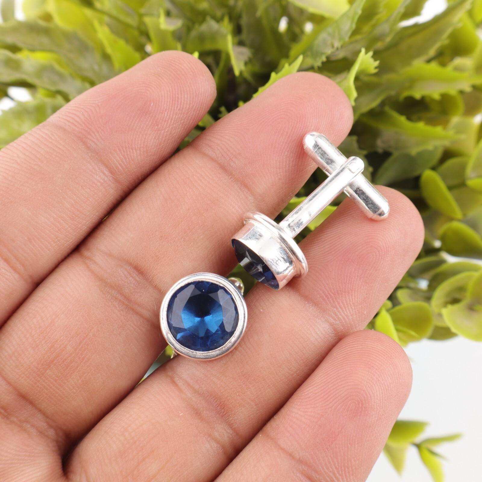 

London Blue Topaz Gemstone 925 Sterling Silver Handmade Jewelry Cufflinks 0.50 CL-4-3