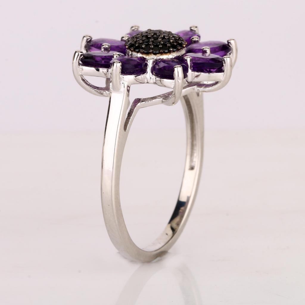 Amethyst Flower Ring, 925 Sterling Silver Black Spinel Cluster Statement Floral Jewelry