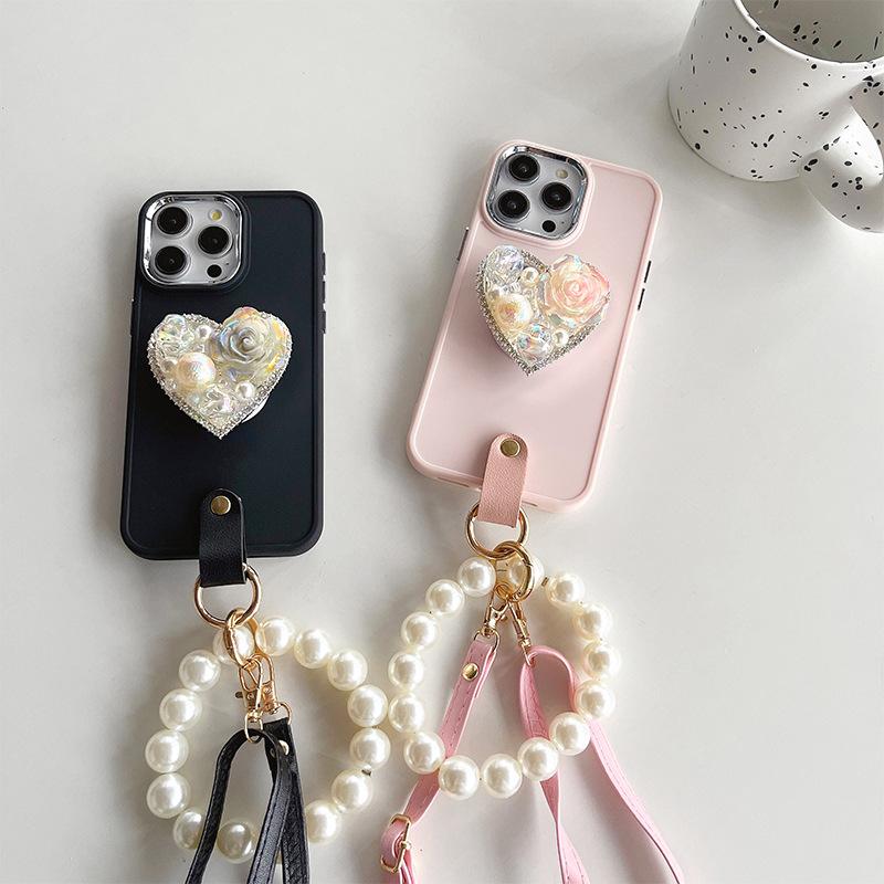 Apple 15 Rhinestone Pearl Love Holder Phone Case For Iphone17 Pearl Handchain Crossbody Rope Silicone