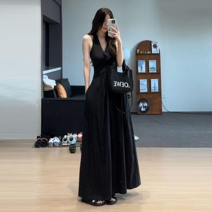 French gauge kinky dress women's summer retro temperament waist and thin sleeveless seaside vest A-shaped long dress