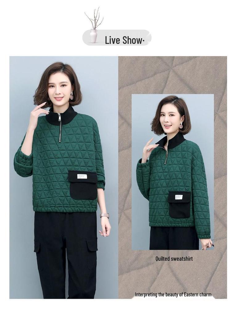Women's Quilted High Neck Zipper Pullover Sweater - 2024 Autumn/Winter Collection, Petite Fit, No Hood