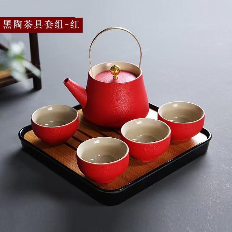 Japanese Style Black One Pot Four Cups Coarse Ceramic Travel Bag Tea Set with Handle Dry Brewing Plate Gift