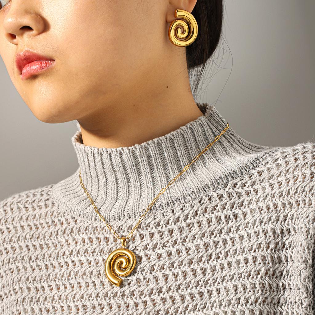 18k Gold Threaded Hoop Pendant Necklace, Light Luxury High-end Jewelry, Titanium Steel Earrings, Non-fading Accessories