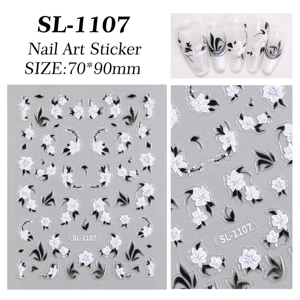 Aurora Bläck Blommiga 3D-Nagelklistermärken: Eleganta kinesiska stilreliefvita blomsterdekaler