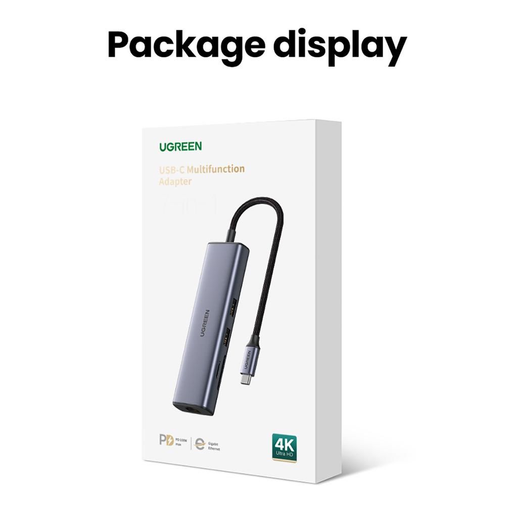 Ugreen CM512 Multiport USB-C Hub: Dual USB-A 3.0, HDMI, Ethernet, SD/TF Card Reader, 100W Power Delivery - Gray