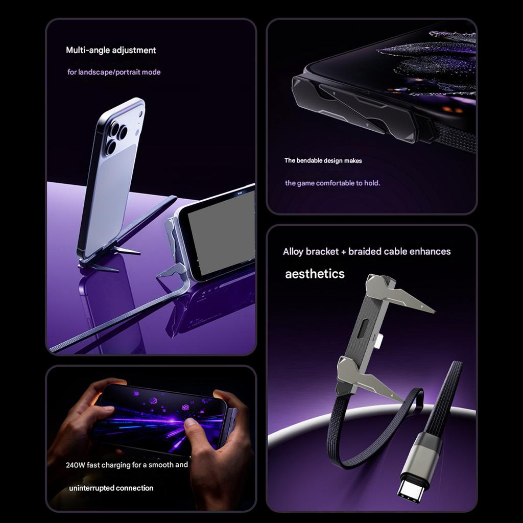 240W Heavy Duty Braided Charging Cable Featuring Adjustable 360 Degree Rotating Phone Stand For Enhances Entertainment