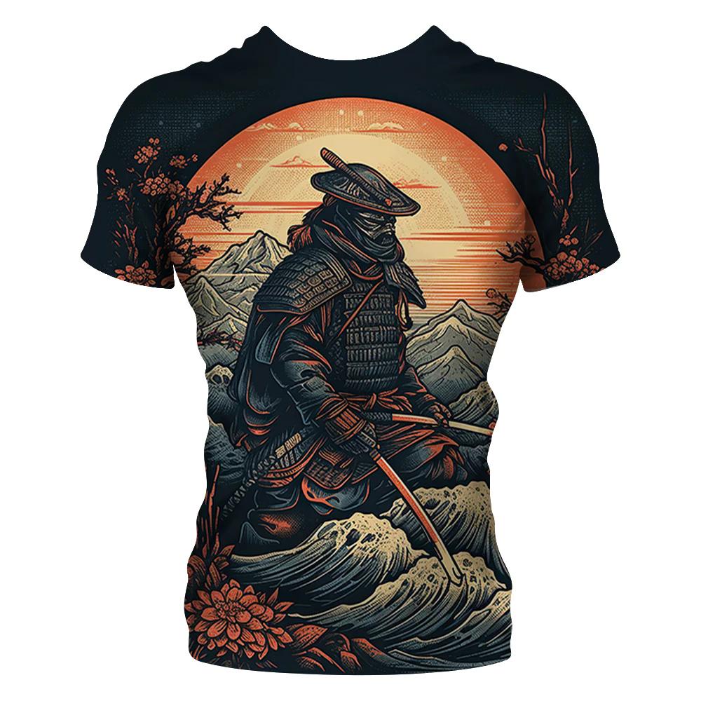 Men's Round Neck T-shirt Japanese Samurai 3D Print Short Sleeve Casual Retro T Shirt Vintage Man’s Clothings