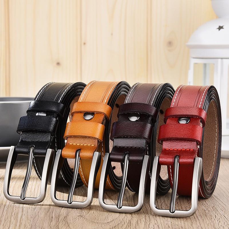 Womens Genuine Leather Belt With Stitched Edge Alloy Pin Buckle Slim Casual Waistband Pants 2.5cm Width