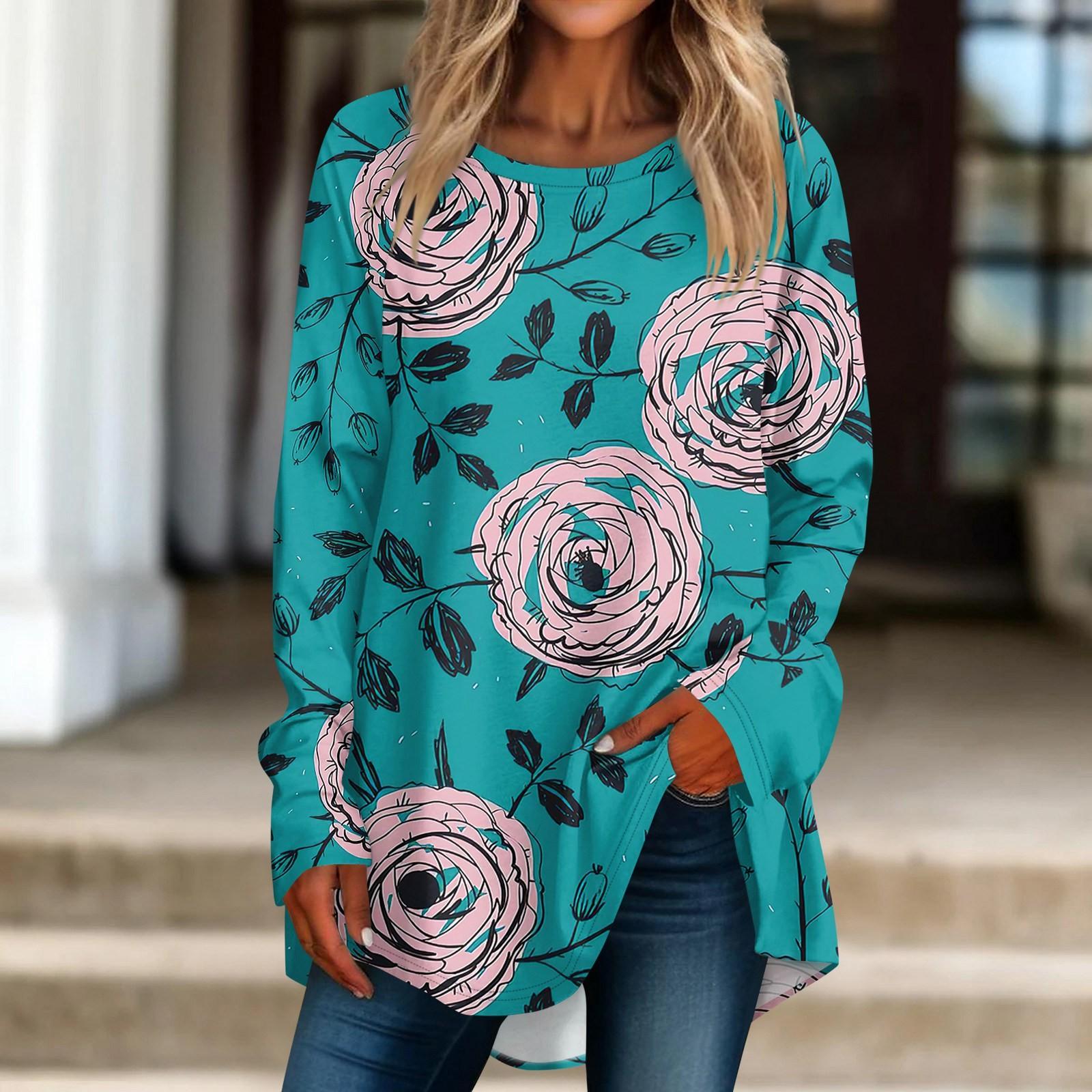 

Женская повседневная футболка больших размеров с длинными рукавами и круглым принтом, верхний пуловер XXXL небесно-голубой