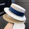French Celebrity Style Pearl White Top Hat Women Spring and Summer Sunshade Sun Protection Travel Holiday Flat Top Straw Hat Big Brim