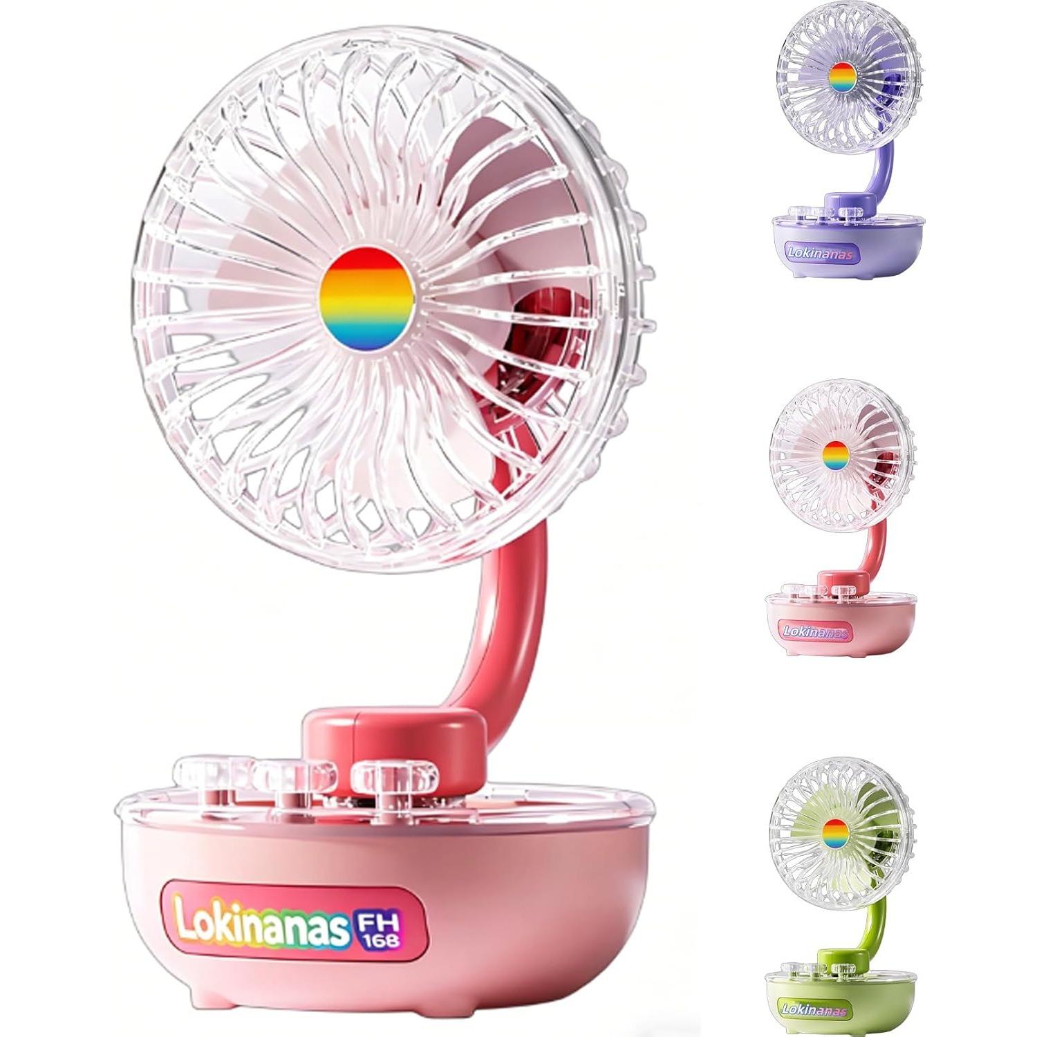 2026 New Retro Desktop Fan, Mini Rechargeable Desk Fan with RGB Light, Dual-Mode: USB Rechargeable Plug-In, 3-Speed, Multi-angle Adjustment