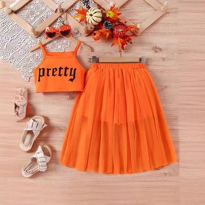2024 Children Clothing Girls Printed Sleeveless Vest + Mesh Skirt for Big Child Suit Sling Top 2pcs Stes