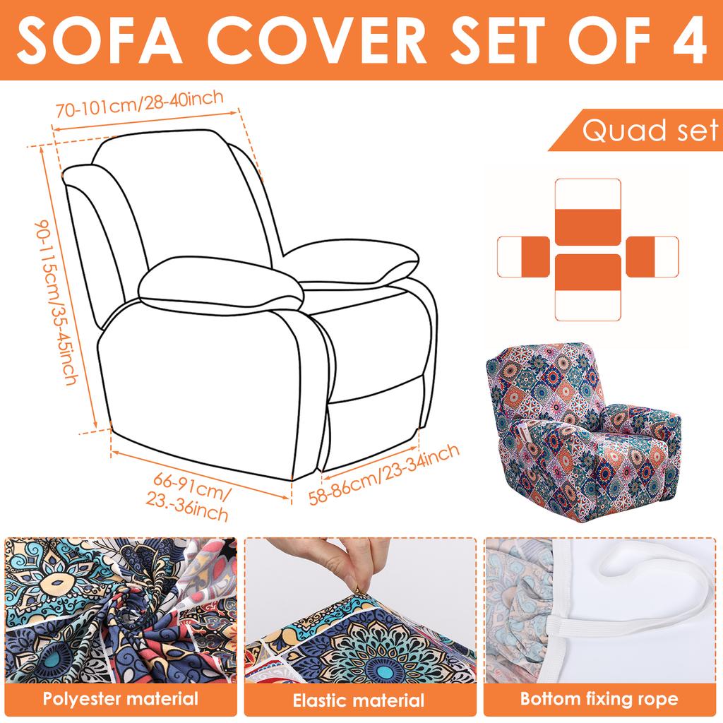 4Pcs/Set Recliner Sofa Cover Stretch Spandex Couch Slipcovers with Pocket Single Reclining Slipcover Non Slip Armchair Cover