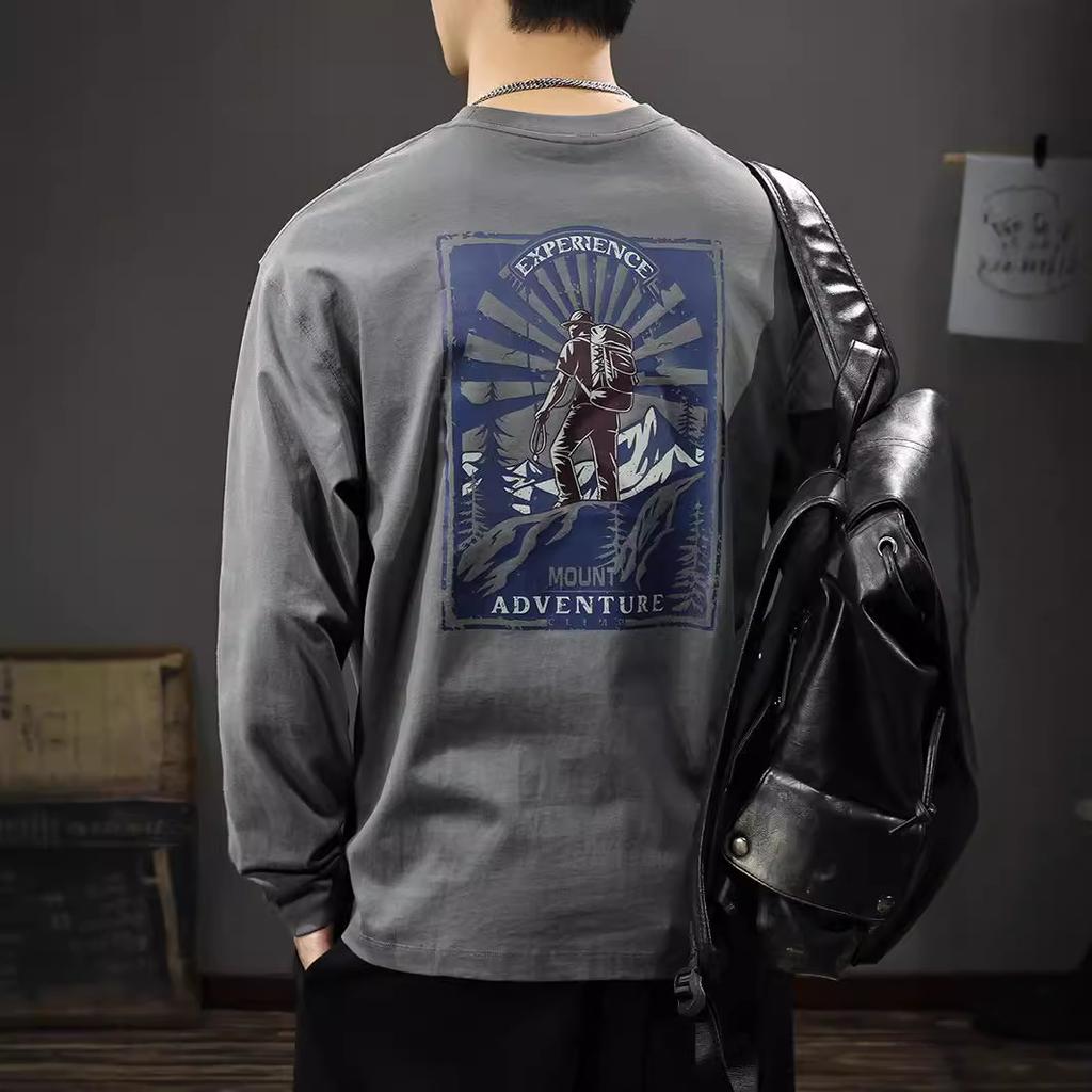 Frühling und Herbst American Trend Brand Bedrucktes Langarm-T-Shirt für Herren Schweres Baumwoll-T-Shirt Herbst Lockerer Freizeitpullover