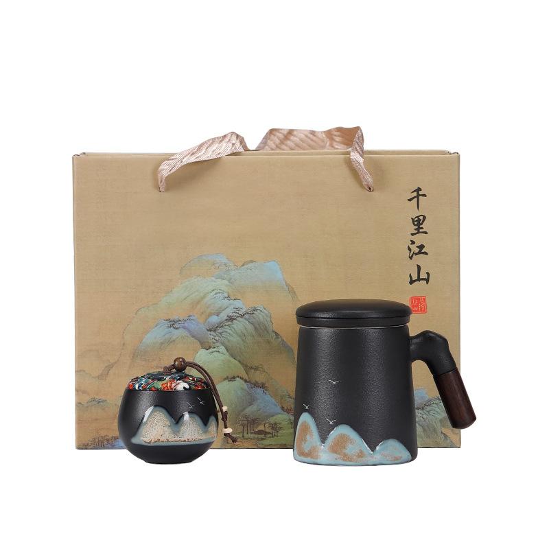 Hand-painted Yuanshan Ceramic Office Cup Tea Separation Thousand Miles Jiangshan Gift Box Guochao Teacup Business Event Companion Gift