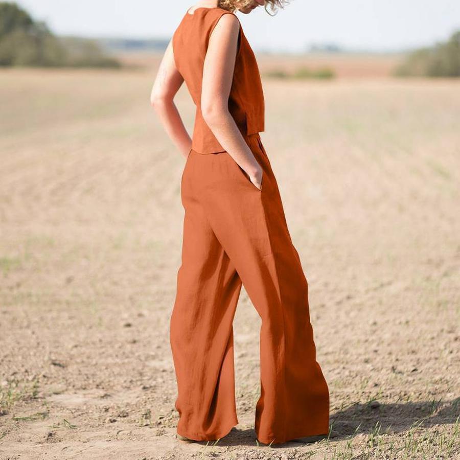 Plus Size Women's Clothing Set, Solid Color Chinese Style Retro Pants, Cotton Linen Casual Long Sleeve Loose Cotton Set