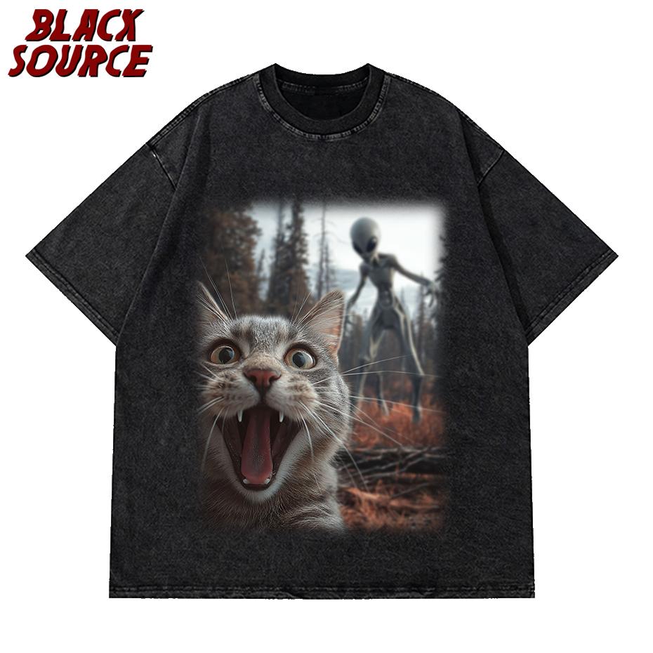 

T Men Funny Cat Alien UFO Graphic TShirt Black Crew Neck Short Sleeve Tee Breathable Cotton with Slight Stretch S