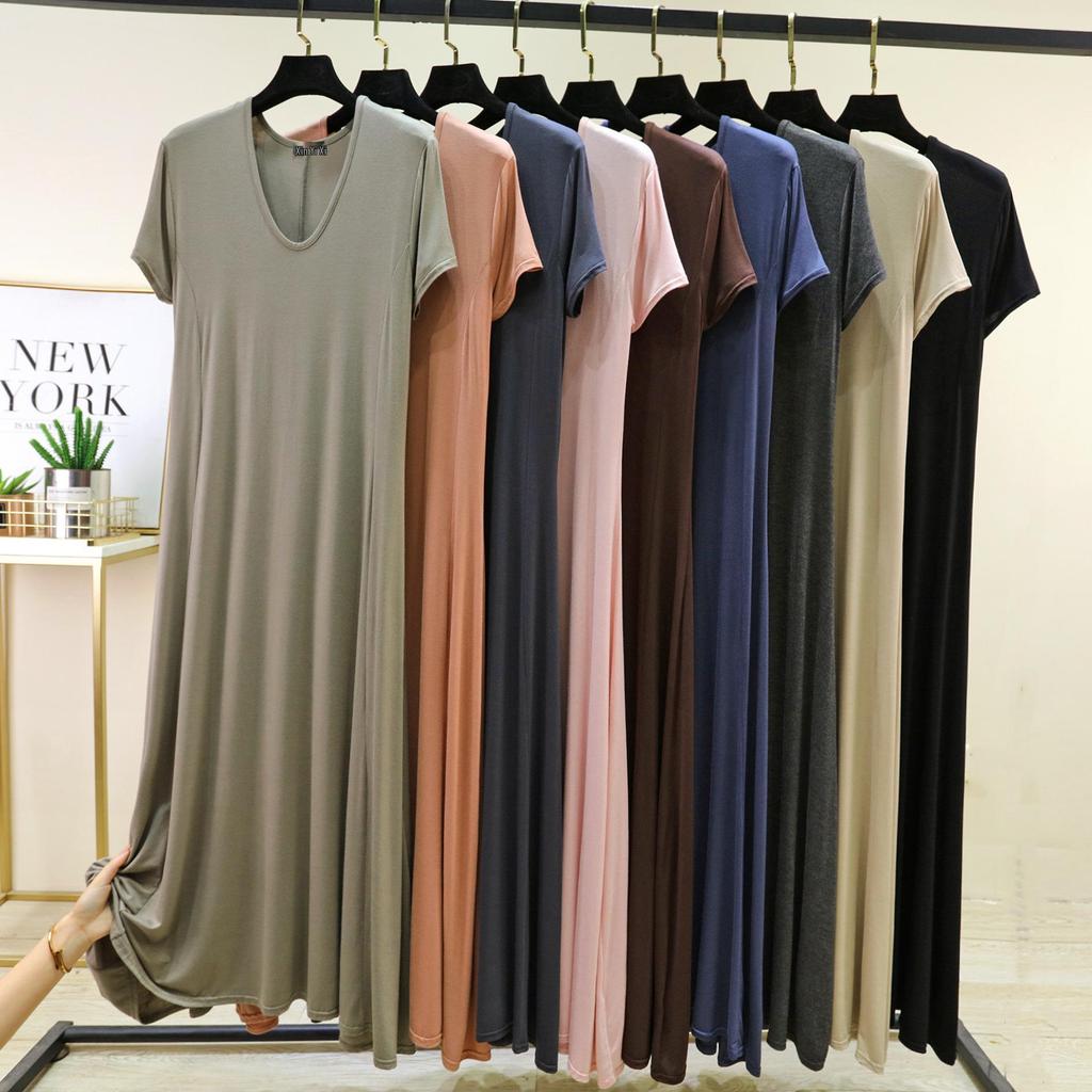 Women's Modal Short-Sleeve Long Summer Dress - Loose, Casual Plus Size Home & Outdoor Wear