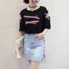 Vintage Women Letter Hollow Half Sleeve Round Neck Loose Tee Top T-shirt Bluzka