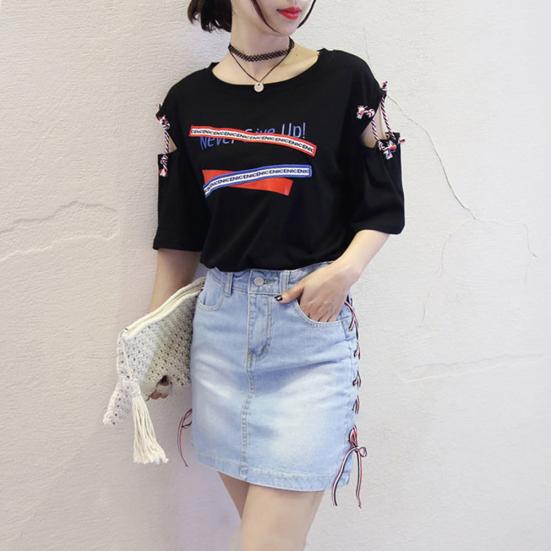 Vintage Women Letter Hollow Half Sleeve Round Neck Loose Tee Top T-shirt Bluzka