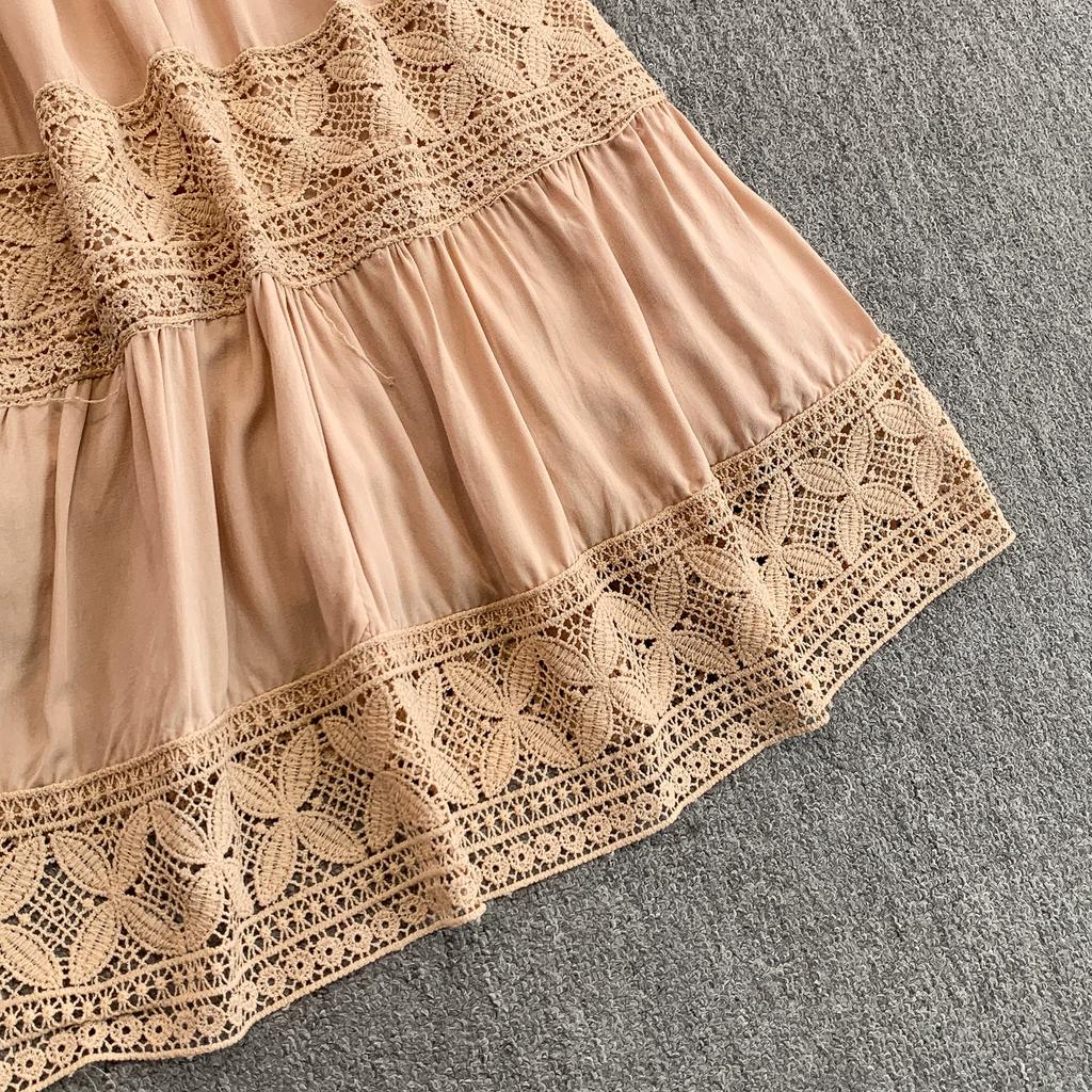 Lace Patchwork Round Neck Long Sleeved Dress for Women In Spring  Autumn Buttoned Drawstring Waist Cinching Slimming Cake Women Dress