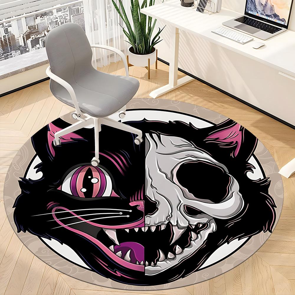 1pc Cat Skull Office Round Area Rug, Under Office Chairs Bedroom Living Room Home Decor, Room Deco, Available in Various Sizes
