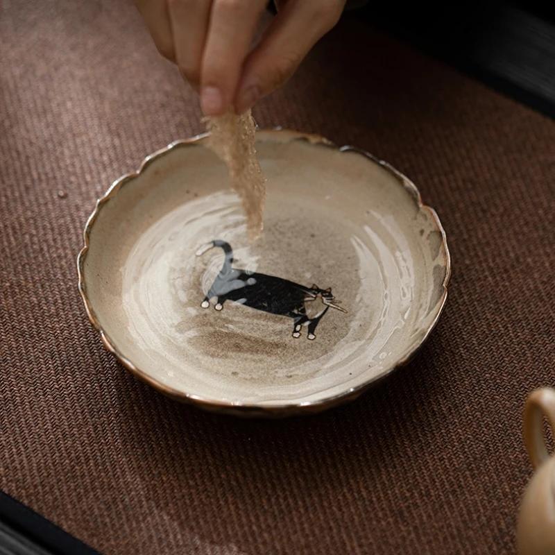 Hand Painted Cat Ceramic Opening Teapot Base Ceramic Trivets Saucer For Teapot Kung Fu Tea Ceremony Chinese Wave Round Base