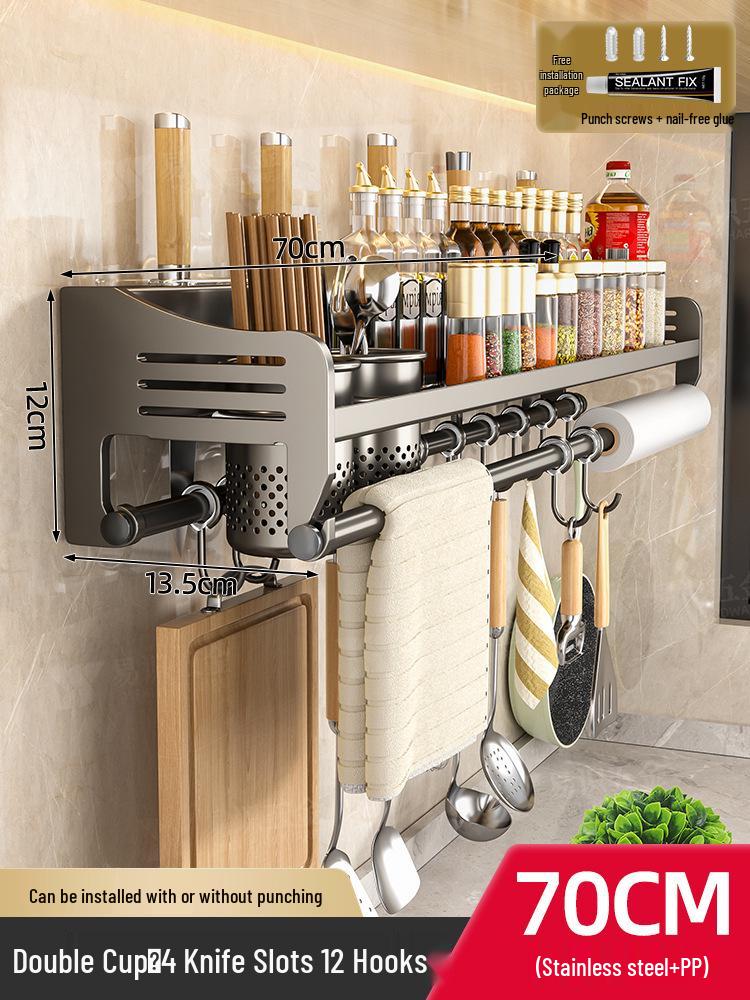 Lochfreies Wandmontiertes Küchenregal aus Edelstahl zur Aufbewahrung von Gewürzen, Essstäbchen und Messern