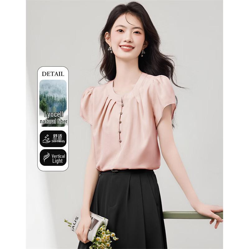 Petite French Elegant Tencel Puff-Sleeve Blouse L