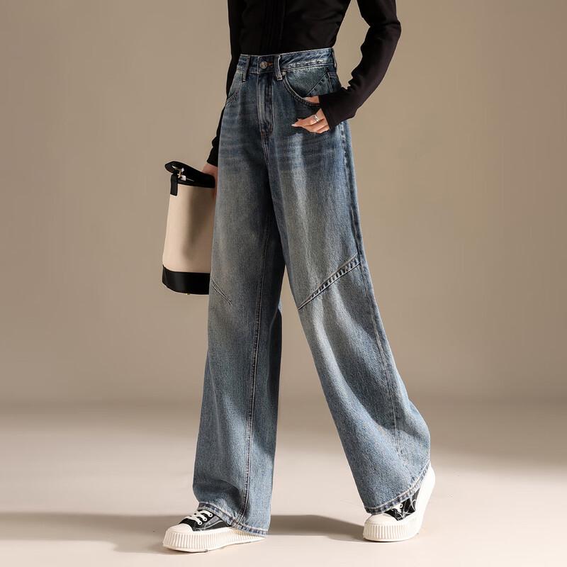 RAIN.CUN Women's High-Waist Embroidered Loose Wide-Leg Jeans