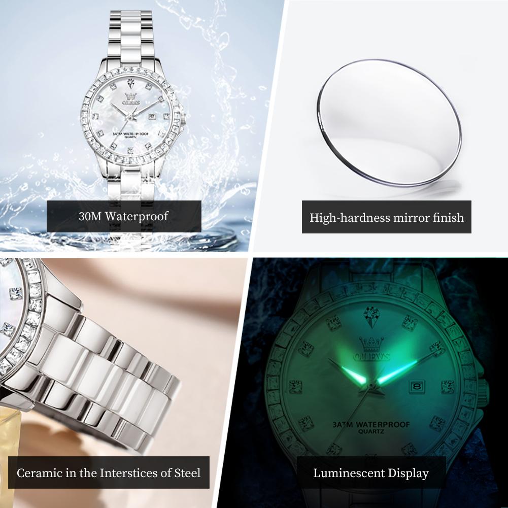 OLEVS Elegant Fashion Women's Watches Stainless Steel Ceramic Strap Original Brand Quartz Wristwatch for Lady Waterproof Date