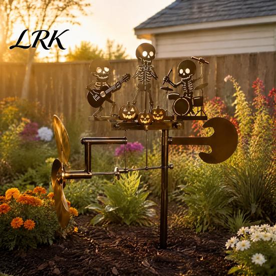 Halloween Wind Spinner Skeleton Rock Trio Metal Spinner, Handmade Kinetic Garden Sculpture Outdoor for Yard Lawn Decor, Unique Musical Skull Windmill