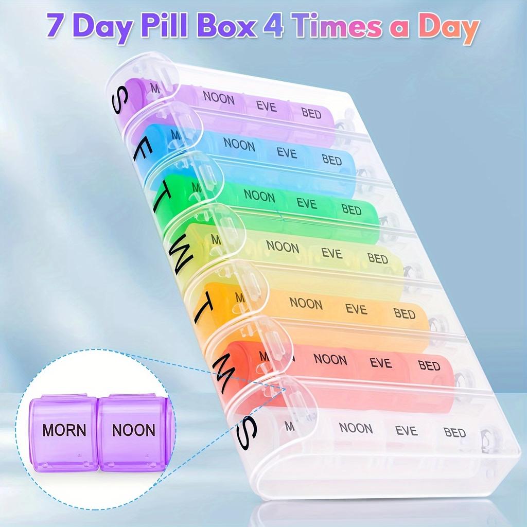 Weekly Rainbow Pill Box 28 Grids 4 Times A Day Portable Pill Organizer Spring Assisted Easy To Open for Vitamins and Supplements