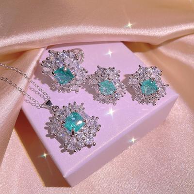 Schmuckset Europäisch und Quadratische Ohrstecker mit Blumen Zirkonia Ring Set für Frauen