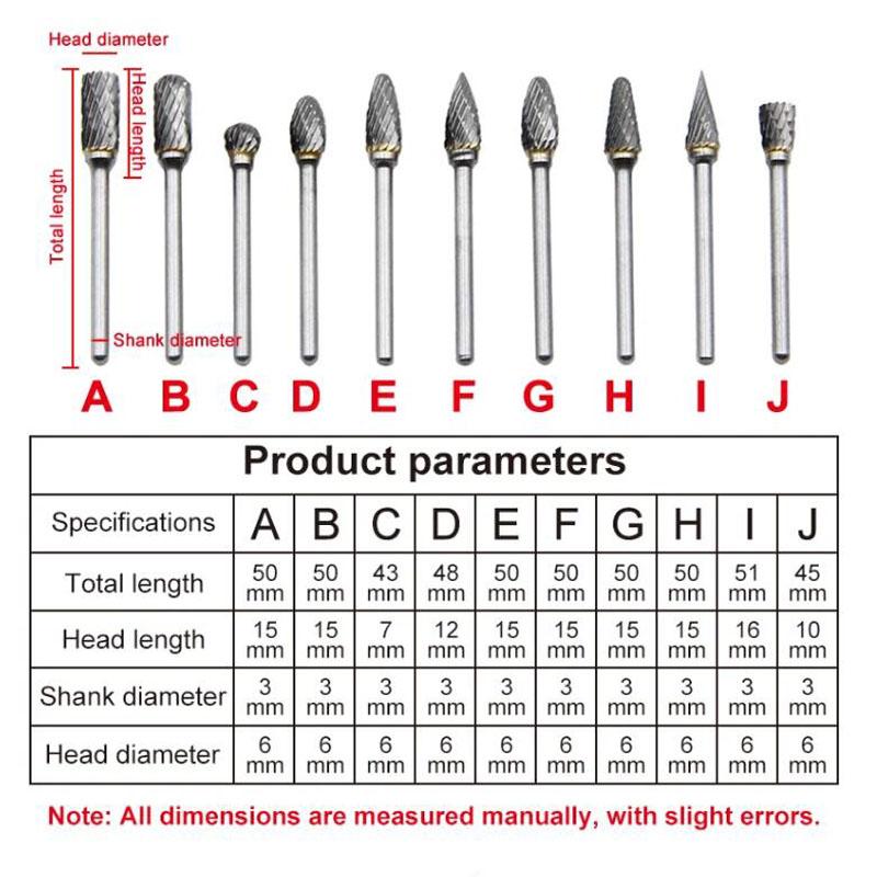 10pc Hard Alloy Rotary File 3*6 Double Grain Tungsten Steel Grind Head Electric Grind Mold Woodwork Grinding File Tool Set