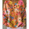Women's Crew Neck Three‑Button Placket Color‑Block Striped Waffle Knit Loose Long Sleeve Top