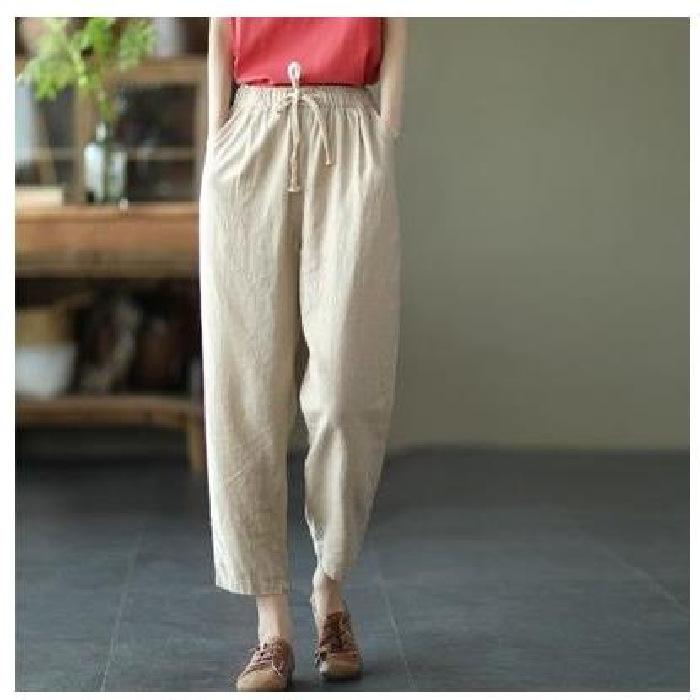 Solid Color Cotton and Linen Pants for Woman Vintage Loose Streetwear Harem Trousers Female Casual High Waist Drawstring Pants