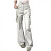 Womens High-Waisted Wide-Leg Cargo Pants 2026 Loose Fit Retro Streetwear Trousers White Black Beige Gray