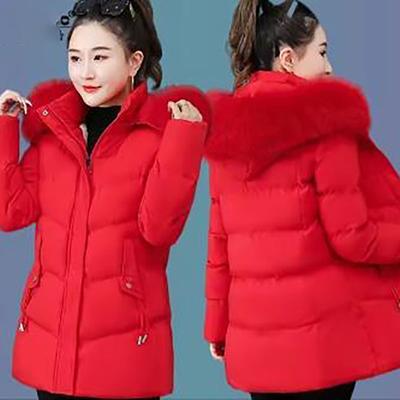 Autumn and Winter Women's Plus Size Padded Medium Length Loose Warm Hooded Hair Collar Simple Solid Colour Versatile Casual Outerwear