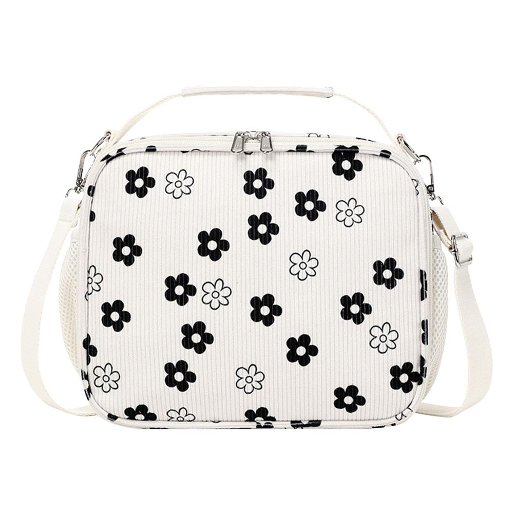 Corduroy Picnic Food Pouch Large Insulation Lunch Box Floral Printed Lunch Tote Bag for Picnic School Work Travel