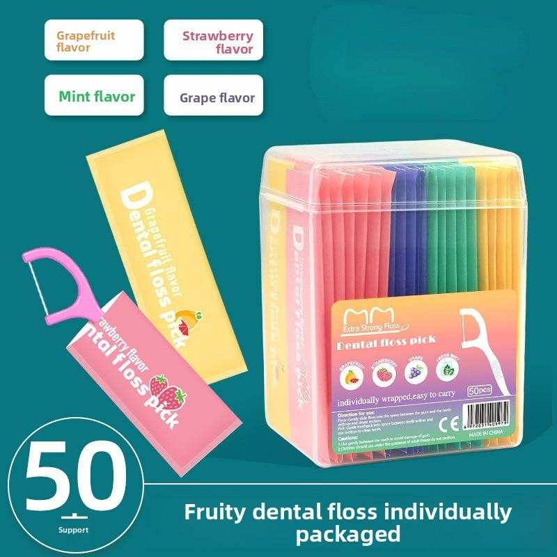 50Pcs/set Fruity Floss Disposable Floss Stick Mint Toothpick Floss Teeth Cleaning