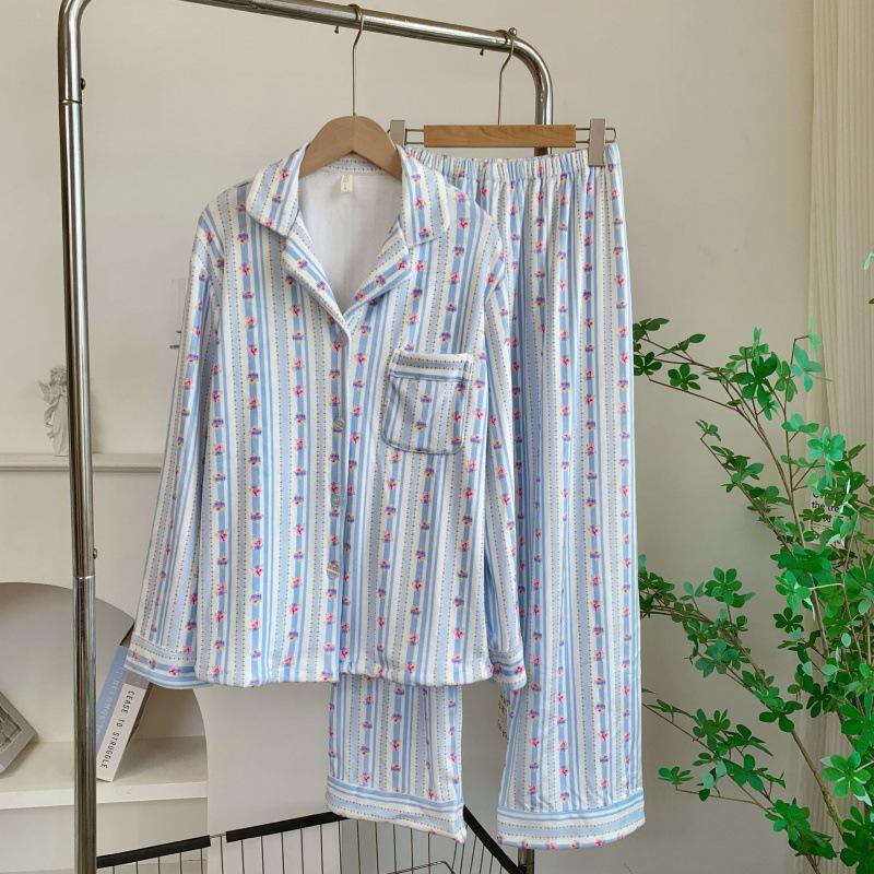 

Женская пижама из бархата Sea Island Vika с цветочным принтом, двусторонний флис - длинный рукав, милая полоска, толстая для осени/зимы Medium синий